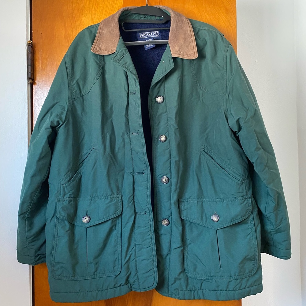 Lands' End Green Barn Jacket with Brown Collar